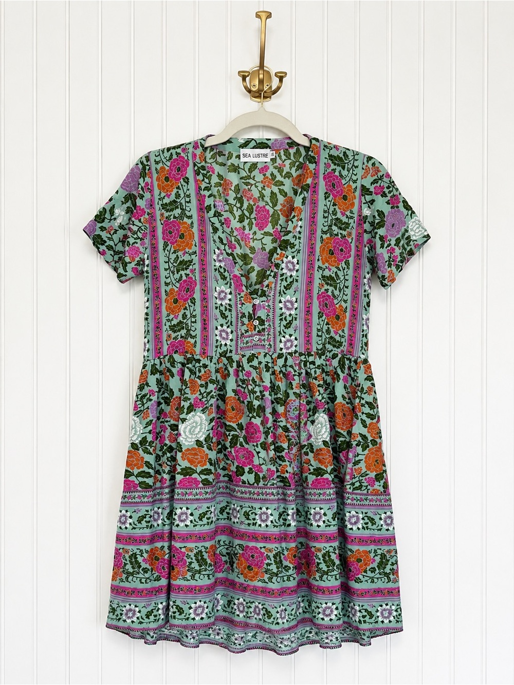 Sea Lustre Floral Border Print Mini Dress XS 100% Rayon Boho Resort